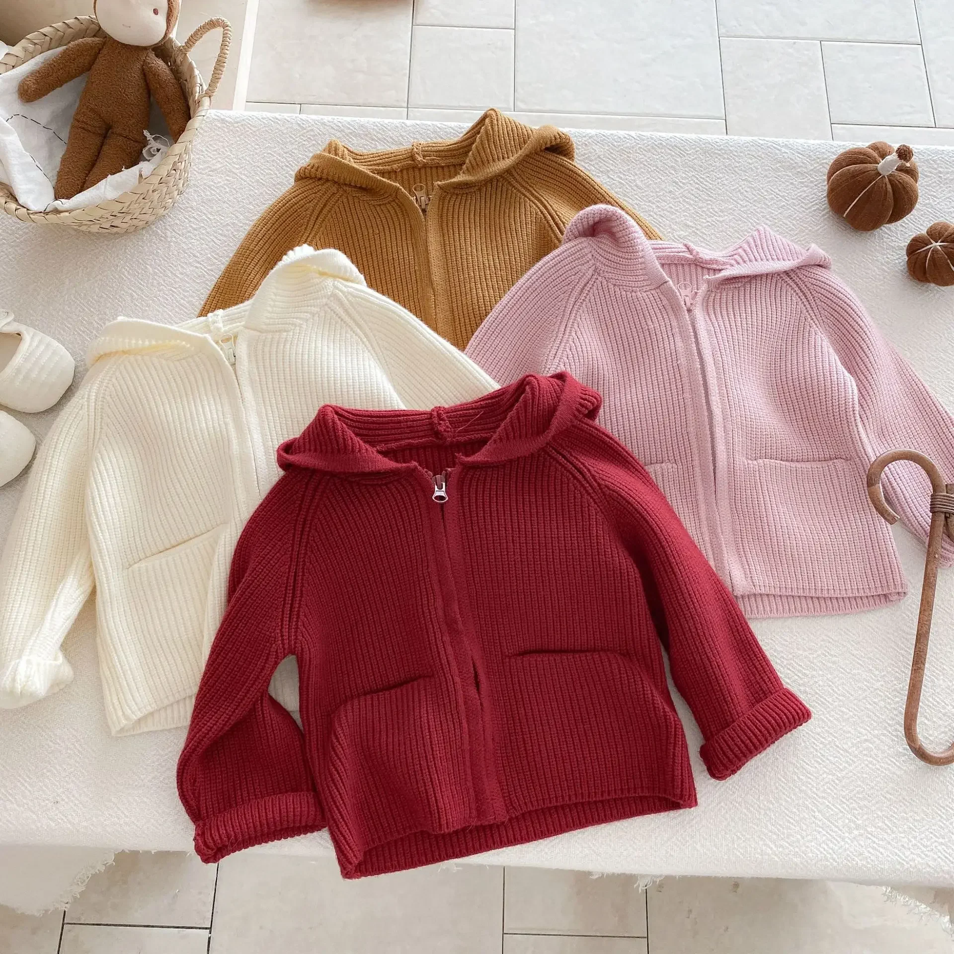 

Soft Knit Baby Hooded Cardigan Solid Color Toddler Zip-Up Sweater with Pockets Autumn Winter Newborn Infant Outerwear