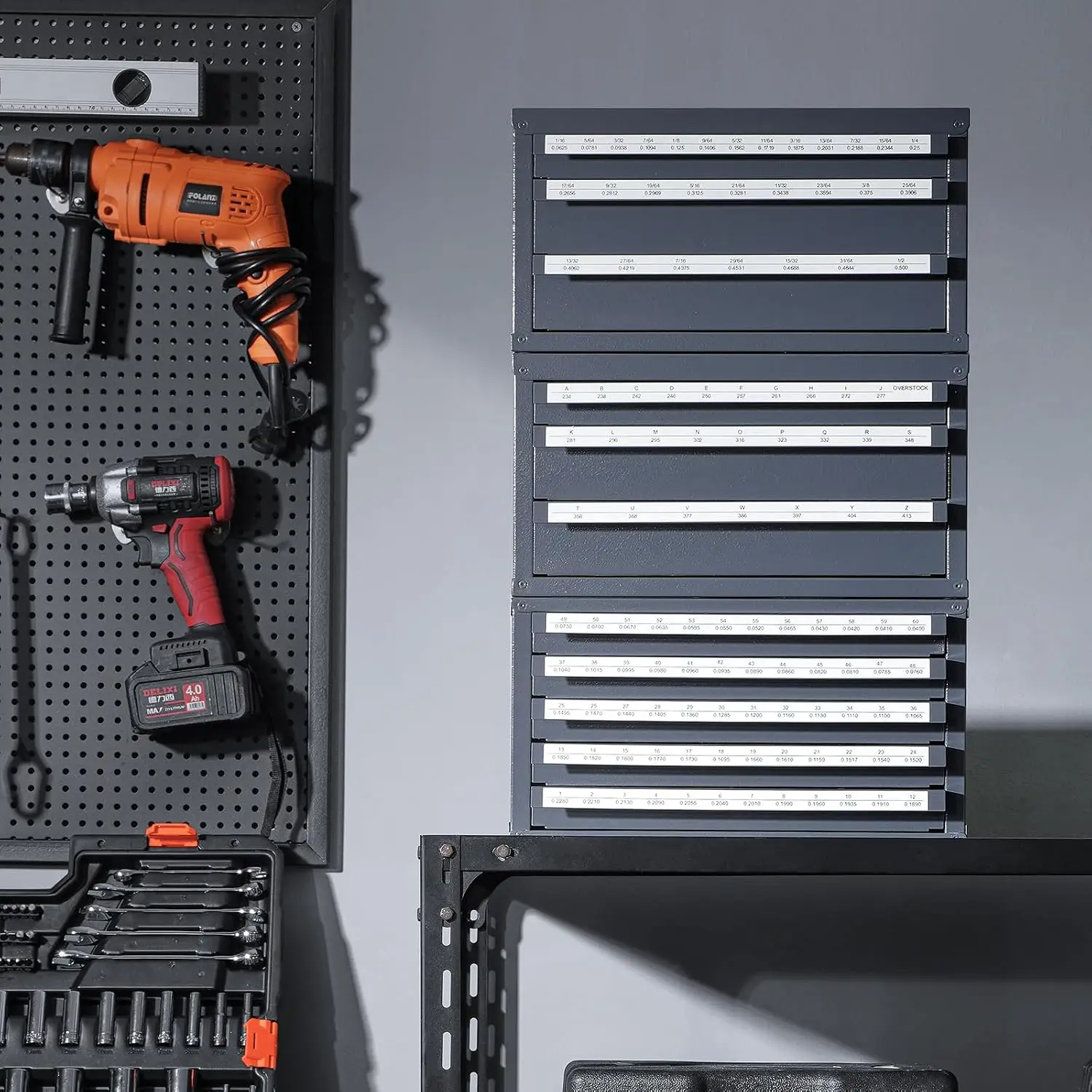 Drill Bit Dispenser Cabinet Set, Three-Drawer for 1/16
