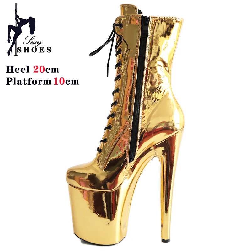 Golden 20cm/8Inch Pole Dance Stripper Heels Women Ankle Boots Sexy Strappy Platform Women Shoes Super High Exotic Dancer Boots