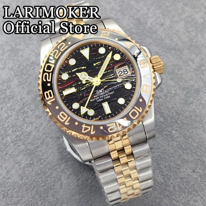 

LARIMOKER 40 мм двухцветные золотые механические часы NH34 GMT черный серый керамический безель светящийся циферблат сапфировое стекло 100 м водонепроницаемые