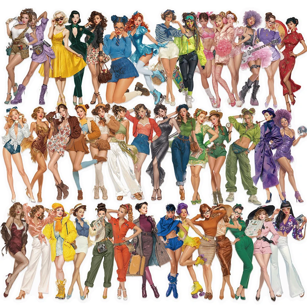 10/30/50pcs Vintage Sexy Pin up Pop Girls Stickers Cartoon Adult Decals Laptop Suitcase Phone Transparent PET Sticker Decoration