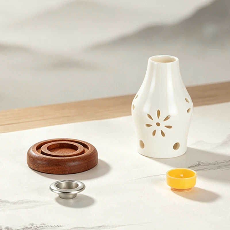 Keramik-Kerzenhalter mit Holzsockel, Aromatherapie-Räuchergefäß für Yoga, SPA und Aromatherapie – Detail 10