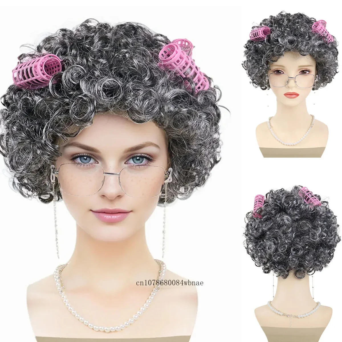 Synthetic Old Lady Wig Set Granny Wigs with Hair Rollers,Glasses,Eyeglass Chain,Pearl Necklace Accessories Dress Party Cosplay