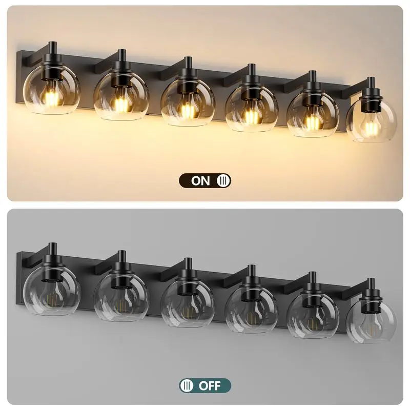 تركيبات إضاءة خشبية ريفية مكونة من 6 أضواء للحمام، شمعدانات إضاءة مرآة مع ظلال زجاجية، مثالية لغرفة المعيشة، #6