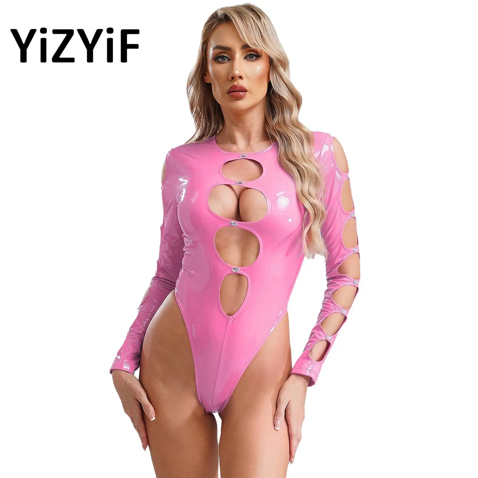 

Women Glossy Patent Leather Bodysuit Sexy Cut Out Long Sleeve Zipper Catsuit High Cut Thong Leotard Lingerie Pole Dance Clubwear