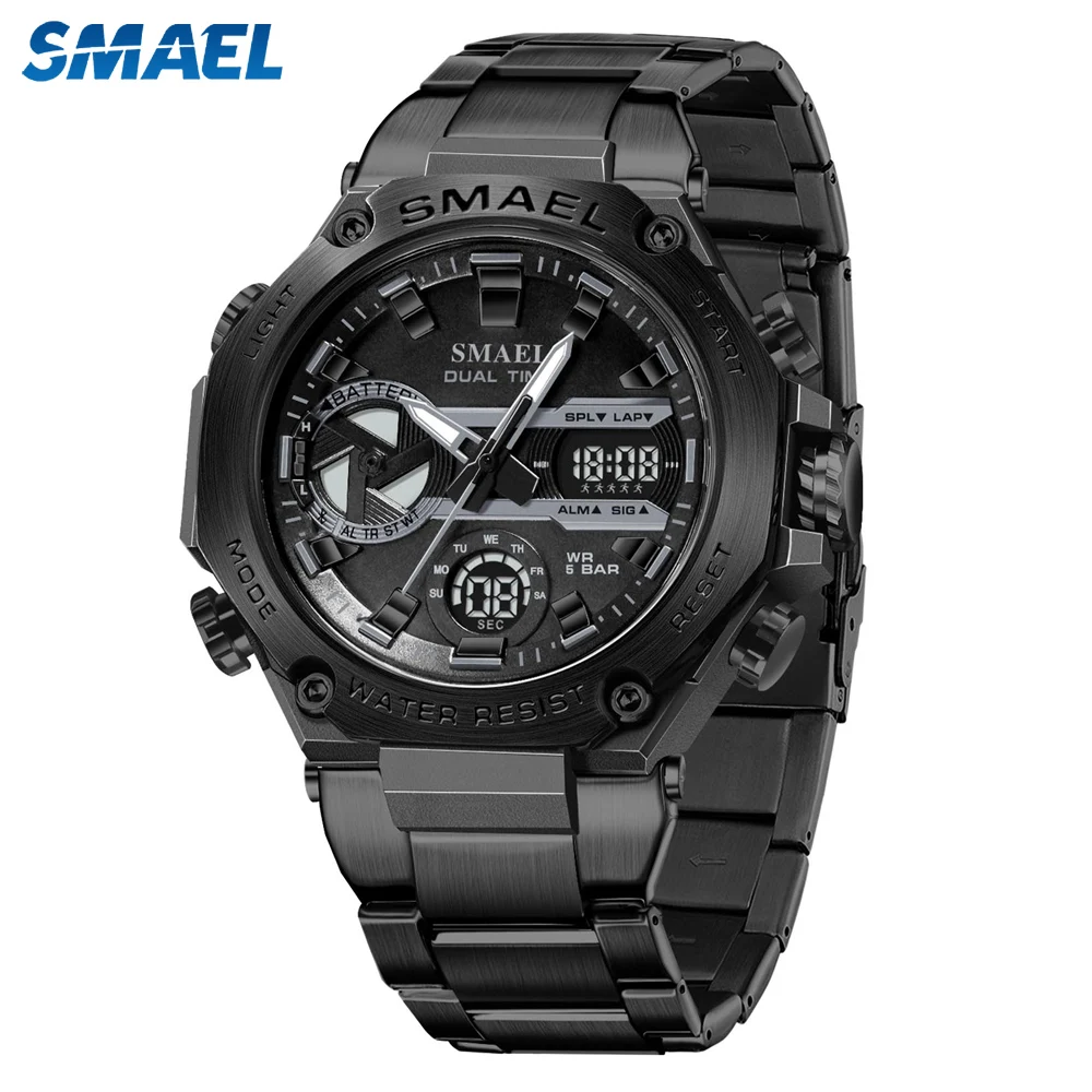 

SMAEL Stainless Steel Watch for Men's Digital-Analog Dual Movement Calendar Luminous Waterproof Fashion Sports Men Wristwatch