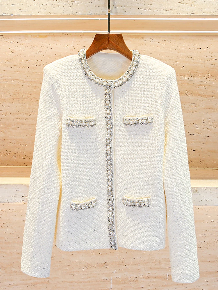 

Роскошный вязаный тяжелый эмалированный открытый кардиган Верхняя одежда для женщин осень-зима Ele Pearl Design Свободный крой Sle