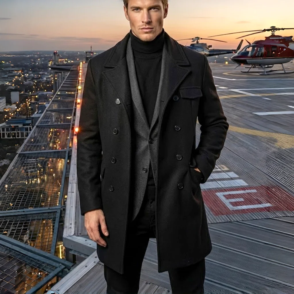 Men's Fashion Double Breasted Woolen Coat Thickened Warm Jacket Multi Color Size Available for Winter