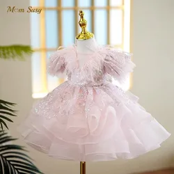 Baby Girl Princess Feather Sequins Tutu Dress Infant Toddler Child Vestido Fly Sleeve Party Birthday Pageant Baby Clothes 1-12Y