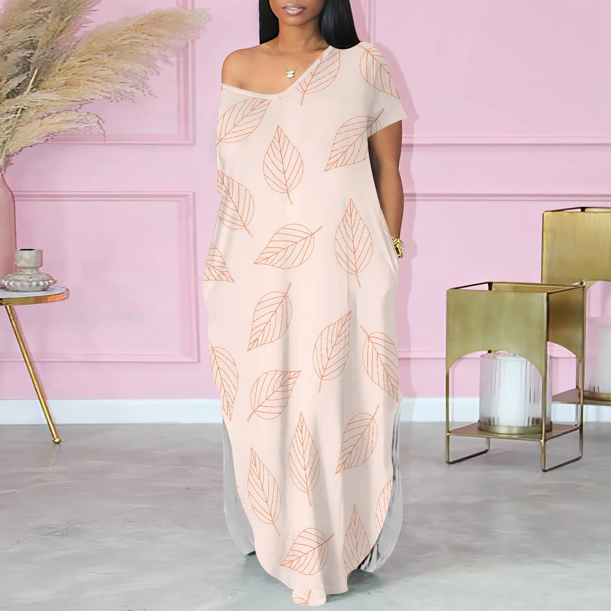 

Boho Abstract Print Maxi Dress Loose Off Shoulder Summer Dress for Women Casual Short Sleeve Beachwear