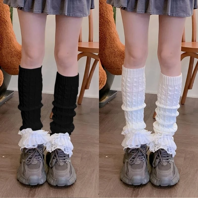 Y5GC Twist Cable Knit Leg Warmers Japanese Women Bowknot Ruffled Lace Hem Long Socks