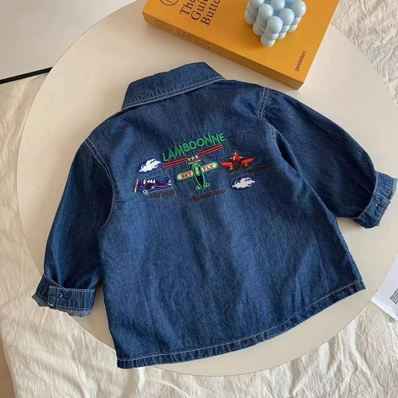 2024 Autumn New Kids baby denim shirt cartoon letters embroidery long sleeve Tops Boys loose casual shirt Coat