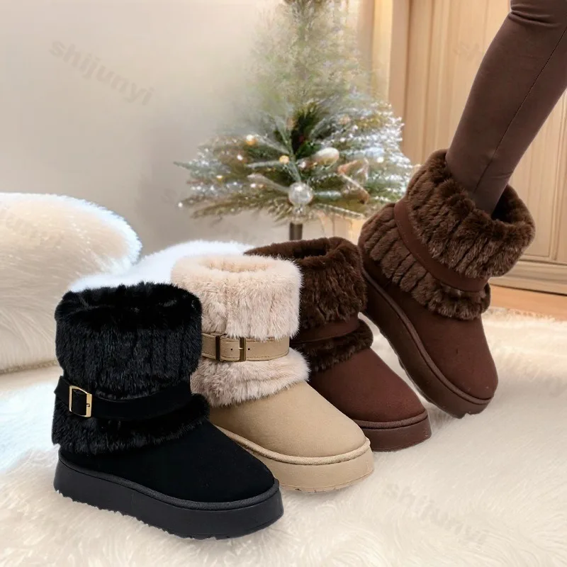 Winter Frauen Stiefel Retro Pelz Komfortable Warme Lange Plüsch Schnee Stiefel Schnalle Dicke Sohle Runde Kappe Baumwolle Schuhe 2026 botas Mujer