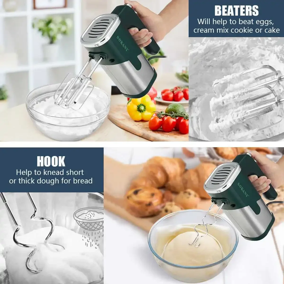 Mini Food Mixer Electric Cuisine Kitchen Blender With Dough Hooks Chrome Egg Beater Sweets Bakery Hand Mixer Machine 800W