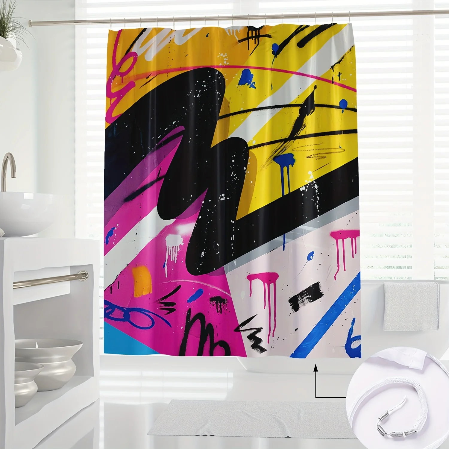 

1pc Modern Abstract Graffiti Art Shower Curtain - Polyester Bathroom Decor with Vibrant Colors, Machine Washable, Includes Hooks