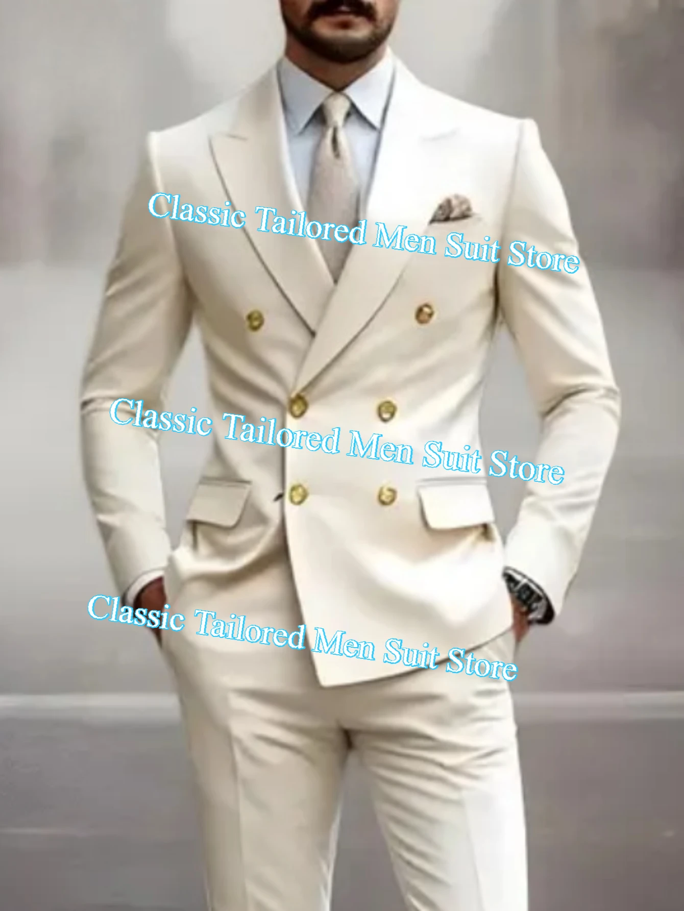 

Fashion Ivory Male Business Men Suit Groom Groomsman Wedding Party Prom Formal Occasion Tuxedos 2 Piece Set Blazer Pants