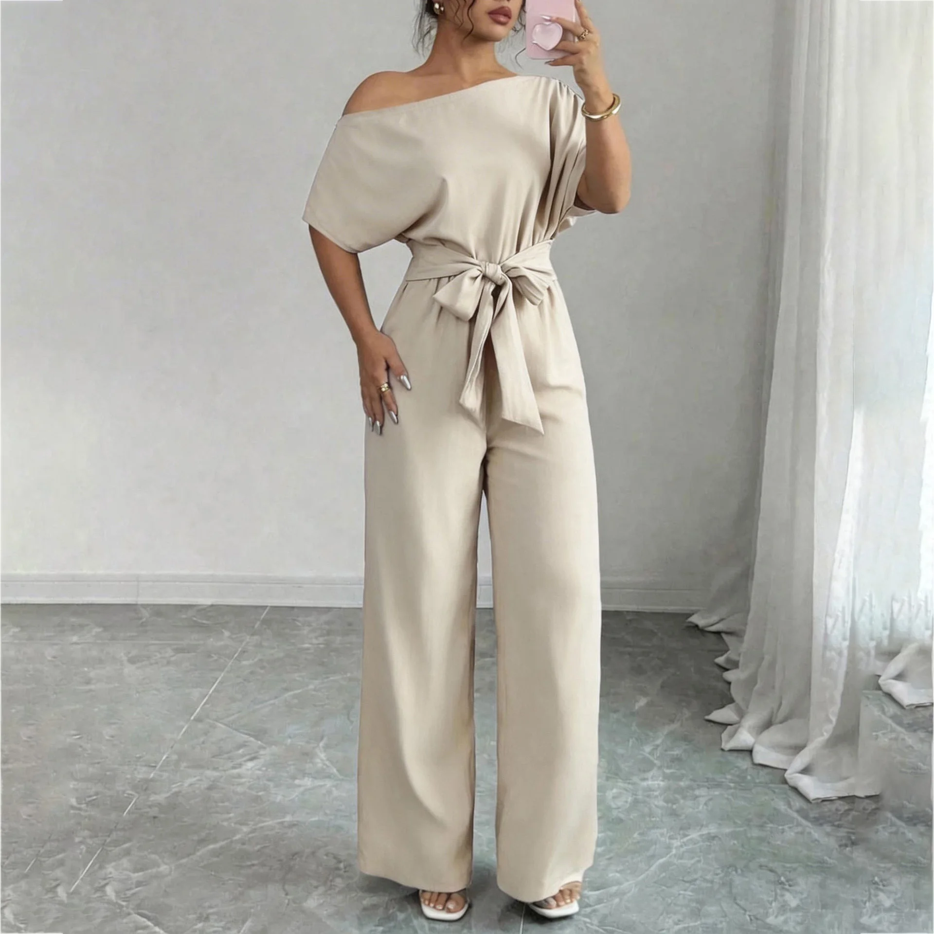 Summer Casual Elegant Off Shoulder Jumpsuit for Women High Waist Belted Wide Leg Solid Color Fashion Long Romper 2026 New