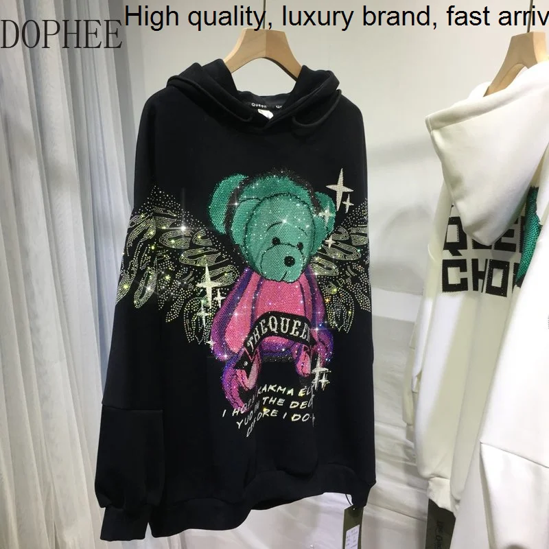 

Hot Drilling Luxury Sparkling Wings Bear Thicken Hooded Pullover Top 2023 New Autumn Winter Streetwear Loose Trendy Sweatshirt