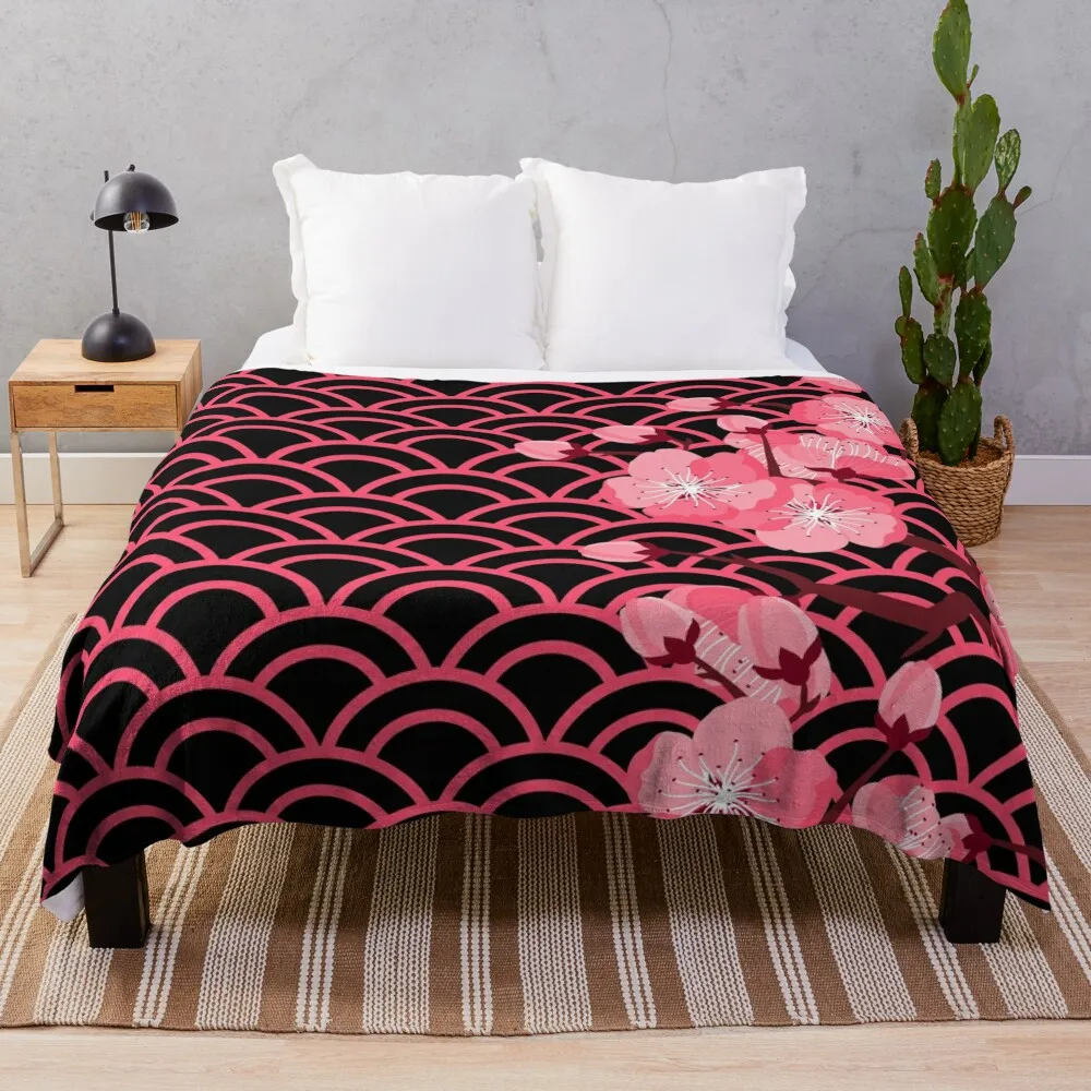 Bright Pink Japanese Sakura Flowers On Pink Wave Pattern Throw Blanket Multi-Purpose Dorm Room Essentials