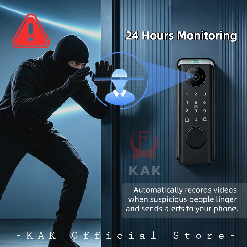 KAK Tuya Smart Fingerprint Door Lock Face Recognition Digital Door Peephole Camera with Motion Detection Video Doorbell Intercom