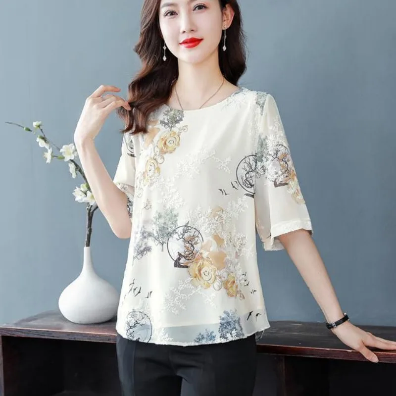 Women Summer Fashion Printing Loose Appear Thin O-neck Short Sleeve Chiffon Shirts Women Clothes Elegant All-match Trend Tops