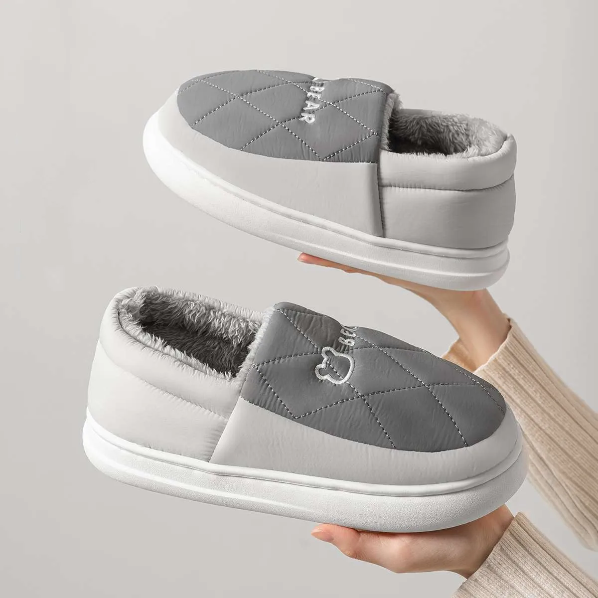 

Warm Women Furry Shoes Waterproof Home Slippers Cute Couples Fluffy Flats Men Bedroom Slipper Thick Sole Non-slip Footwear