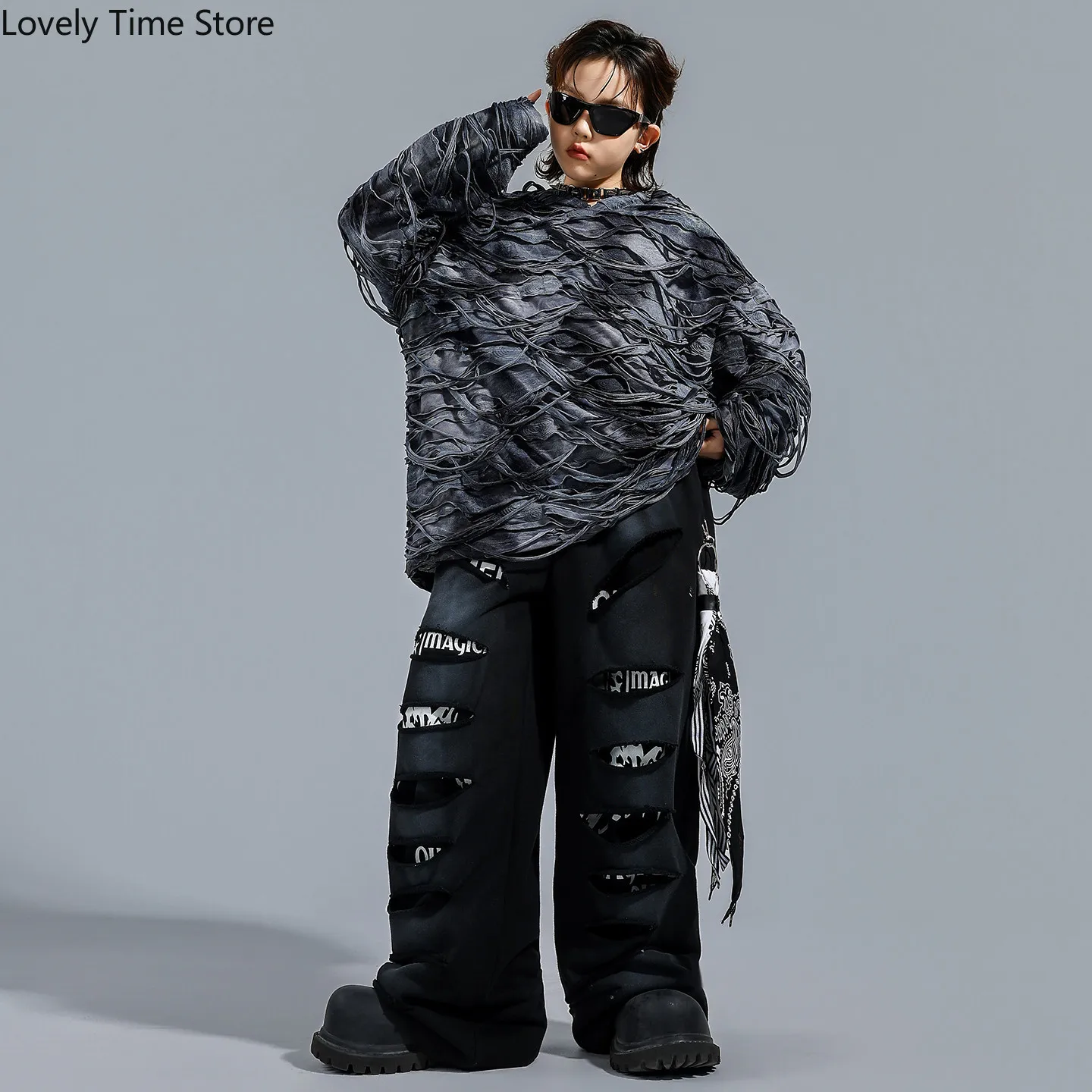 Boys K-pop Fashion Ripped Hoodies Street Dance Joggers Pants Girls Hip Hop Sweatshirt Costume Kids Streetwear Child Clothes Sets