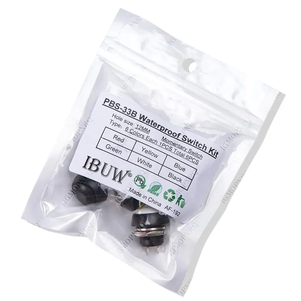 6PCS Mini 12mm Waterproof Momentary ON/OFF Push Button Round Switch PBS-33B KIT White Black Red Yellow Blue Green Each 1PCS