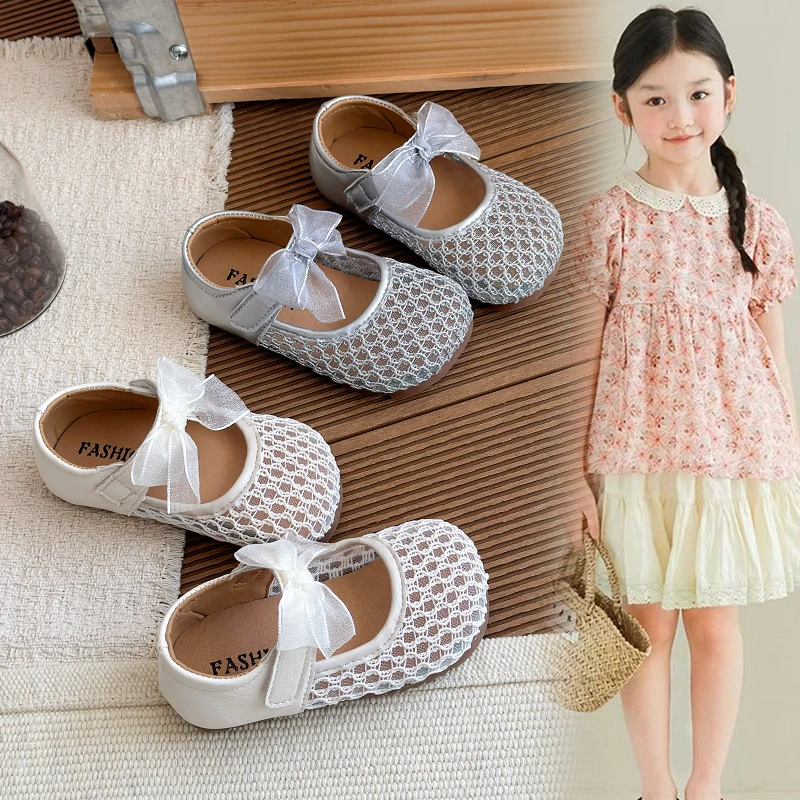 Girls' Summer New Style Sandals Solid Color Mesh Breathable Flat Slip-On with Beautiful Bow Non-Slip Soft Comfortable Sandals