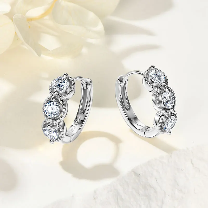IOGOU 925 Sterling Silver Original Certified Three Stone Moissanite Hoop Earrings for Women Trendy Engagement Jewelry Accesories view 3
