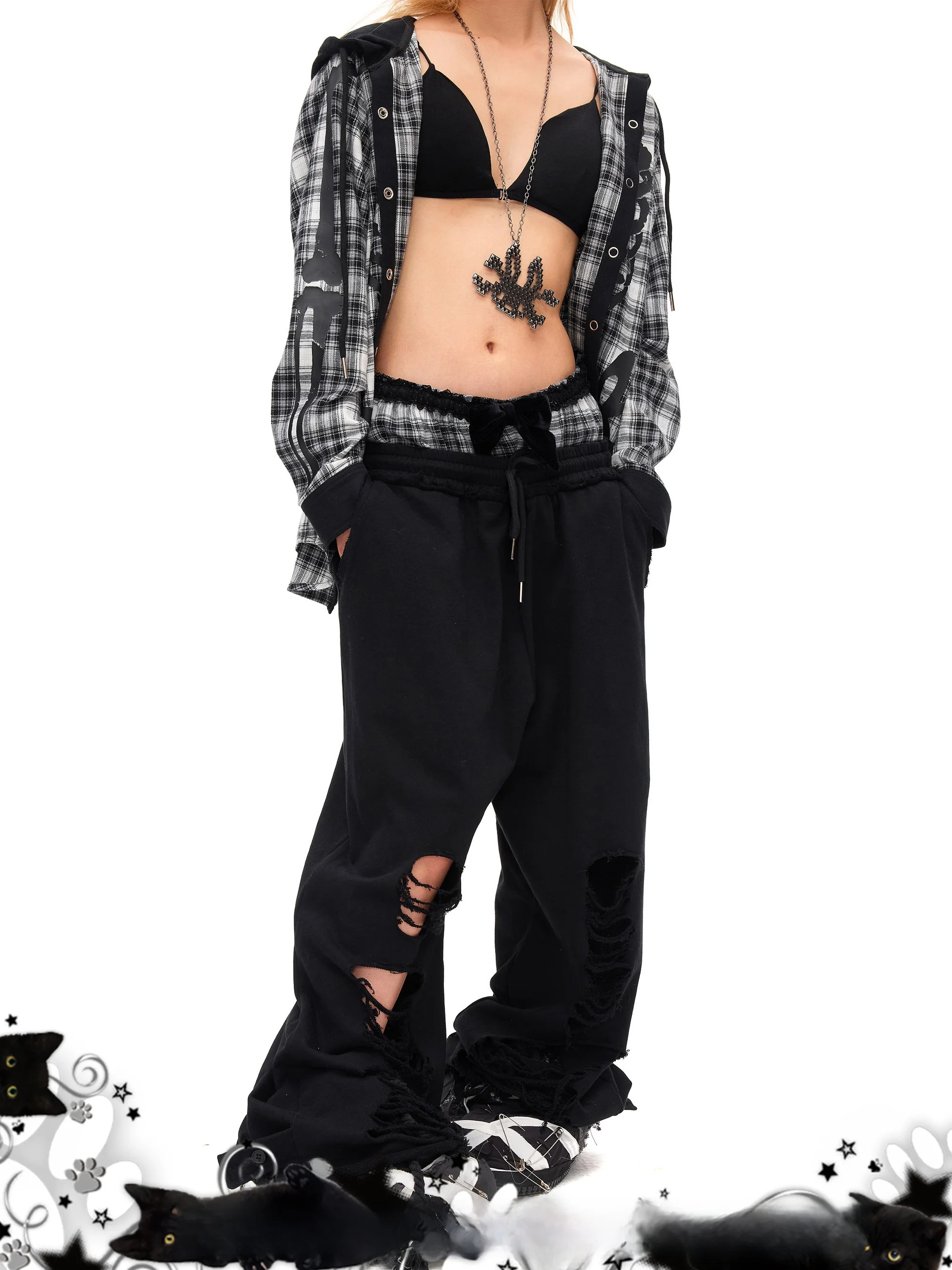 

CFIERCE Velvet Knot Decorated Fake Two-Piece Hole Punch Pants Street Style Asymmetric Loose Fit Long Straight Leg
