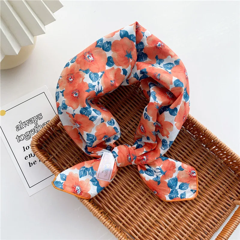 63cm Cotton Print Floral Square Scarves Kerchief Women Scarf Flower Neckerchief Headband Turban Bandana Neck Bag Hair Decoration