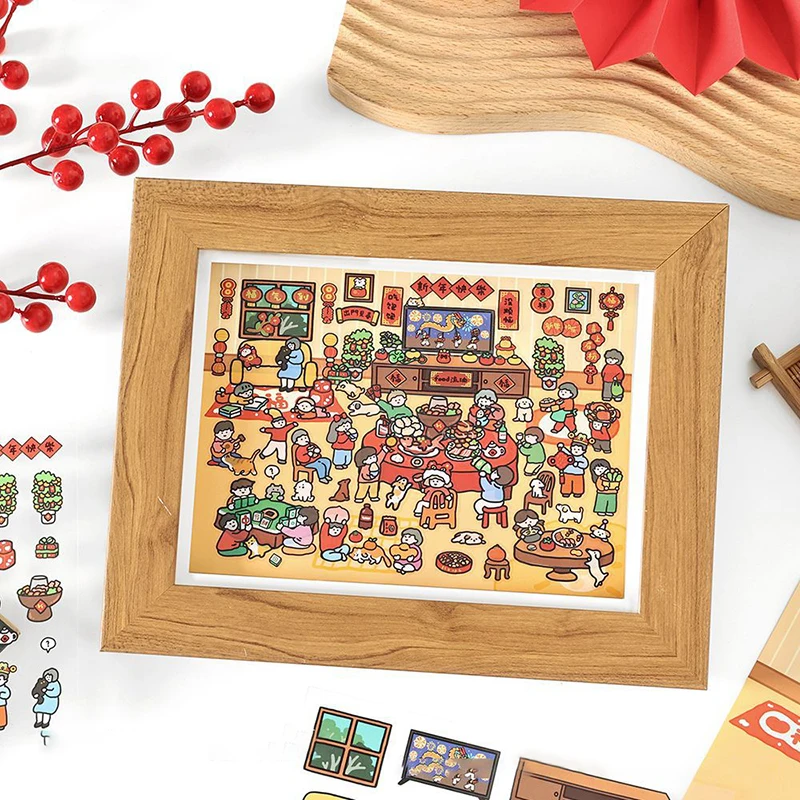 1 zestaw Cute Cartoon New Year Diy Scene Landscaping Decoration Sticker 3D Hand Account Stickers Visual Stacking Stickers Gifts