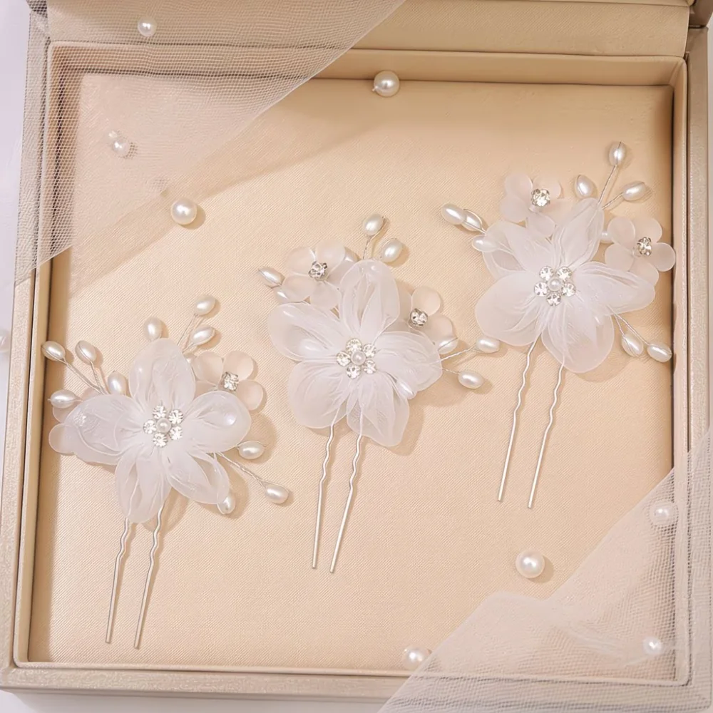 2-Piece White Organza Flower Wave U-Shaped Hair Fork Hairpins, Suitable for Wedding Bridal Updo and Photo Hairstyle Decoration image 5