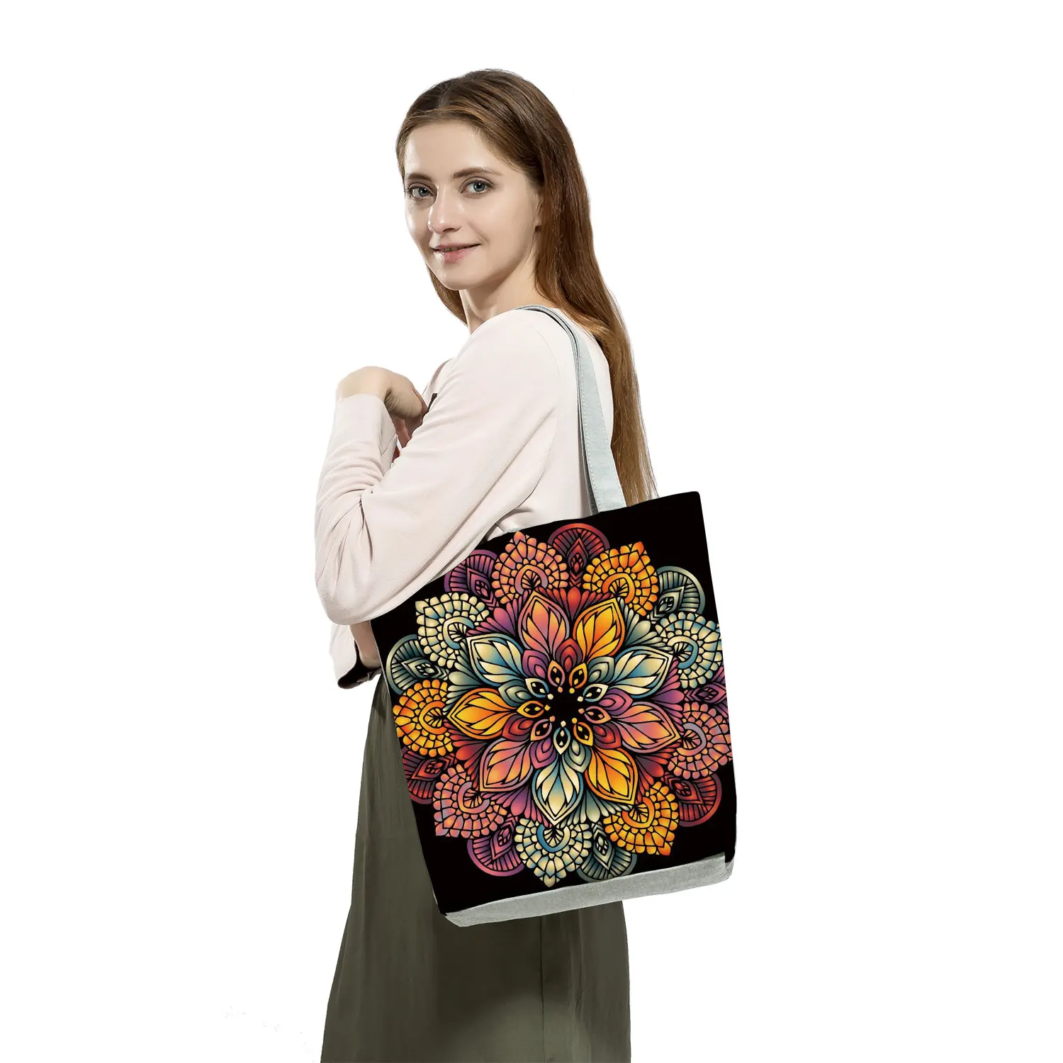 For Lady Travel Beach Bags Foldable Floral Print Handbags Mandala Flower Printed Tote Bag Women Eco Reusable Shopping Bag Custom