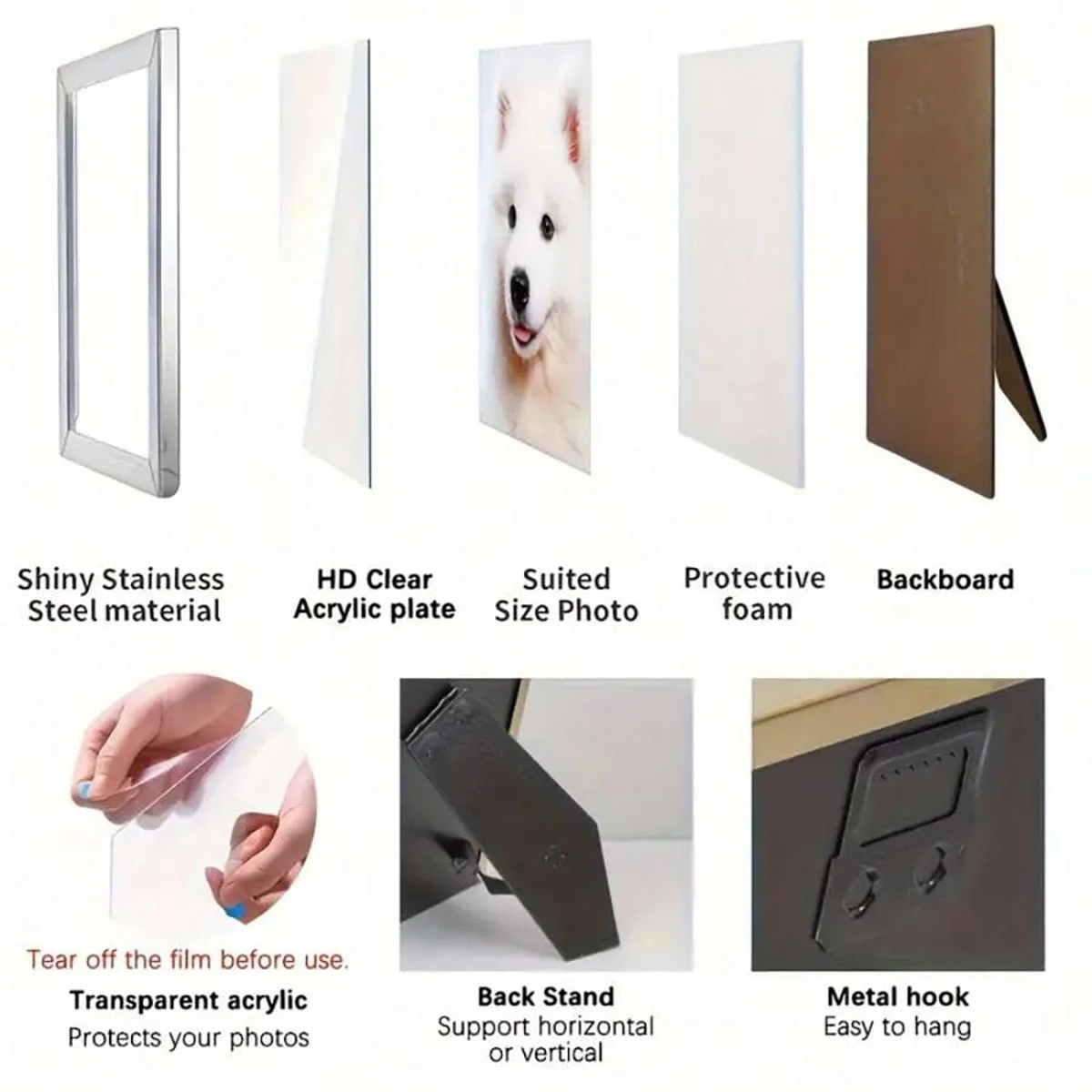 Stainless steel photo frame, vertical rectangular photo frame, can be used to display personal, family, or commemorative photos, while enhancing the decorative effect, suitable for various occasions, holiday gifts, desktop home decoration
