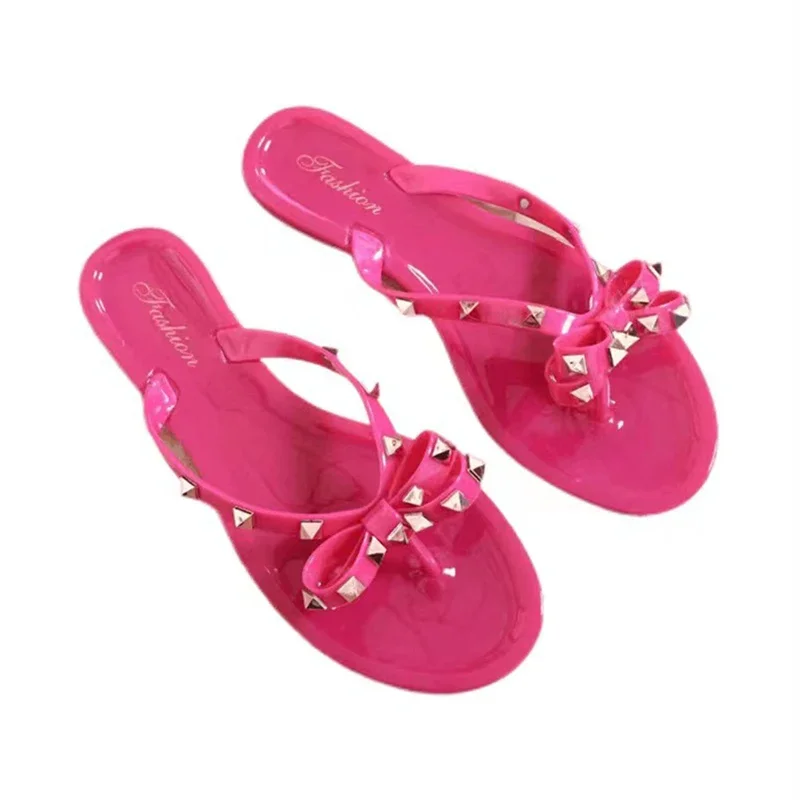 Women\'s Flip Flops Summer Shoes Cool Beach Rivet Big Bow Flat Sandals Jelly Shoes Sandals Girls Transparent Crystal Sandals