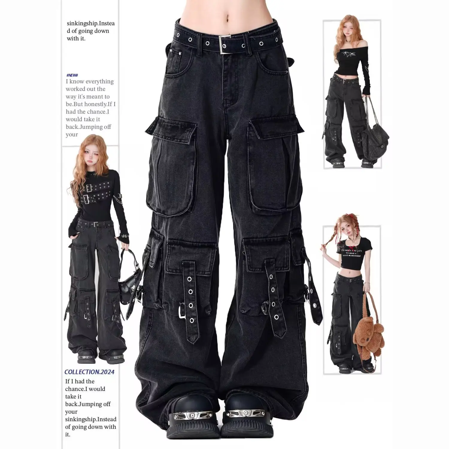 Women Y2k American Retro Mutil Pockets Cargo Jeans American Vintage Gyaru 2000s Aesthetic Grunge Jeans Straight Denim Pants