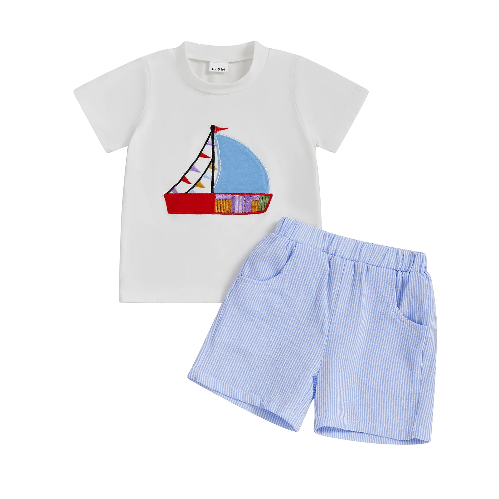 ชุดเดินเรือเด็กทารกน่ารักพร้อมเสื้อยืด Anchor Applique และกางเกงขาสั้นลายทางสีน้ําเงินกรมท่าชุด 2 ชิ้นสําหรับความสนุกสนานในฤดูร้อน