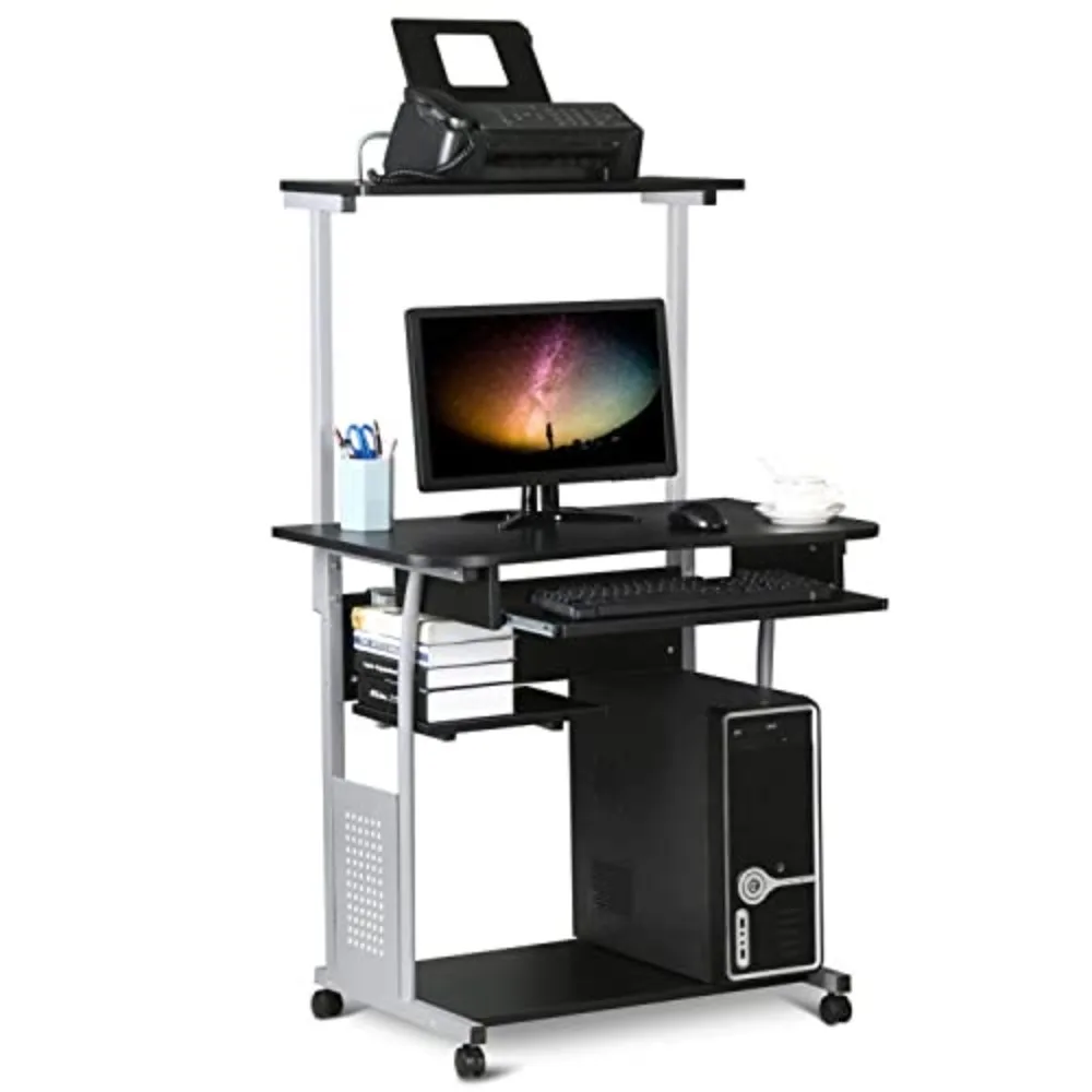 Small Rolling Computer Desk with Hutch and Storage Shelves, Black | Particle board and metal, with keyboard tray