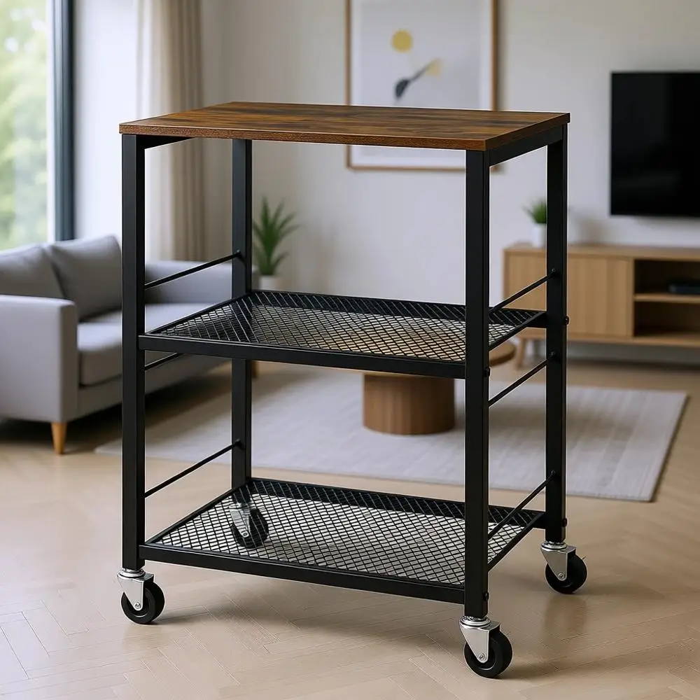

Трехуровневая коричневая кухонная тележка на колесиках с местом для хранения для многофункционального использования на кухне, в ванной, гостиной и офисе