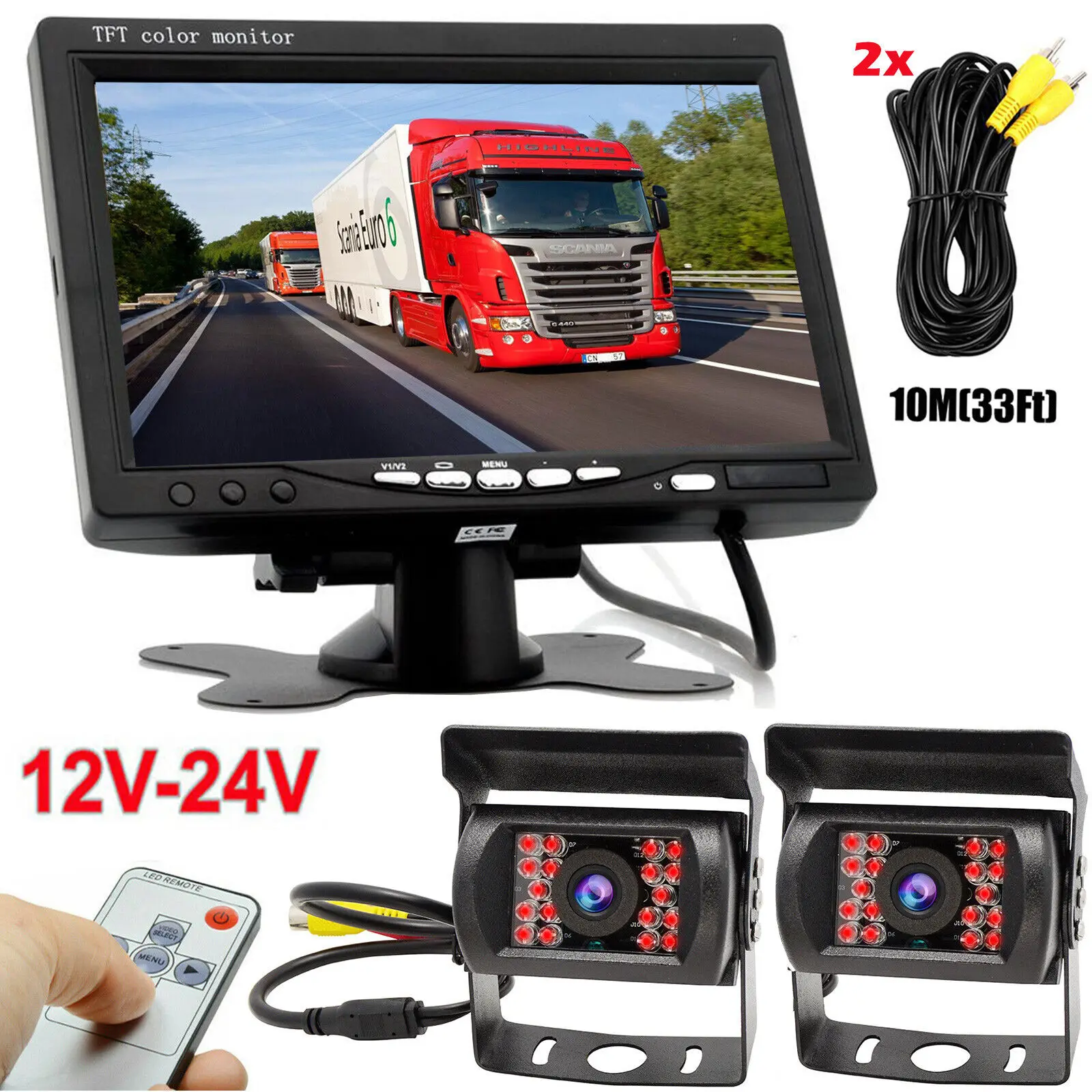 

Bileeko 7" Monitor 2x 18 IR CCD Color Front/Side/Rear View Camera Backup camera 10m cable 12-24v For Truck Trailer Van