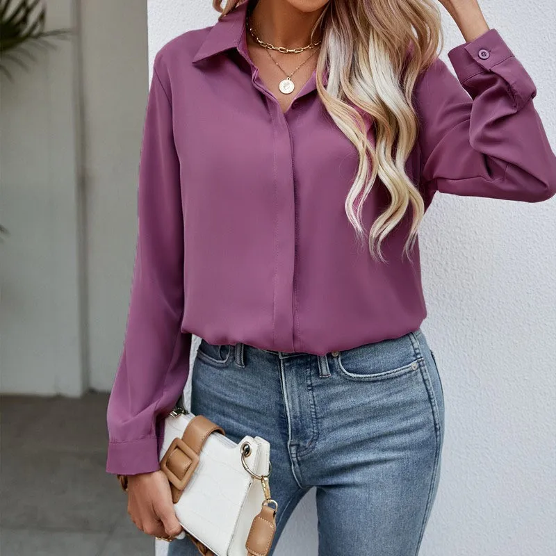 Dames Blouses 2024 Nieuwe Effen Kleur Casual Losse Lange Mouwen Shirt Dames Turn Down Kraag Donkere Knoop Chiffon Shirt 긴y 2K