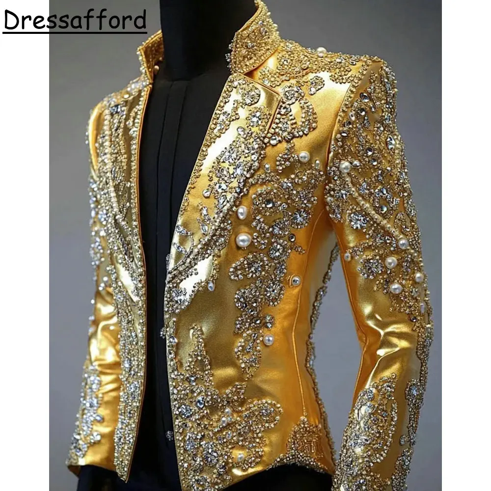 골드 럭셔리 비딩 다이아몬드 웨딩 턱시도 남성 정장 슬림핏 턱시도 블레이저 웨딩 파티 신랑 2피스 재킷 바지