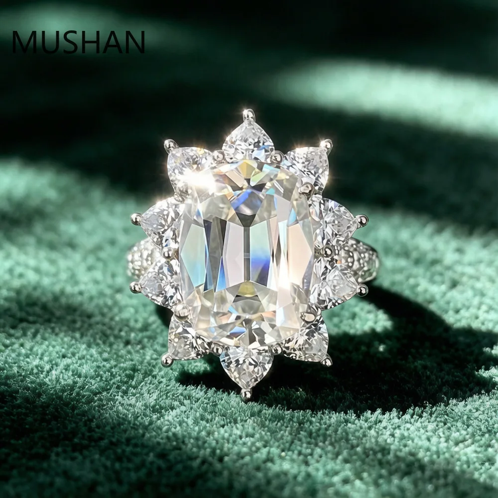 MUSHAN Luxury 925 Sterling Silver Jewelry Factory Cut 10 Carat Moissanite Ring 925 Sterling Silver Flower Bit Diamond Ring