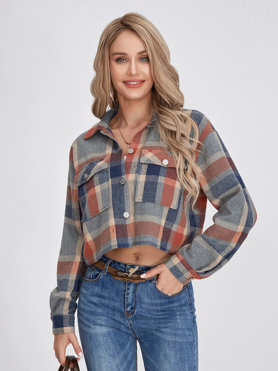 Women Plaid Jacket Long Sleeve Turn-down Collar Button Closure Casual Jacket Outwear