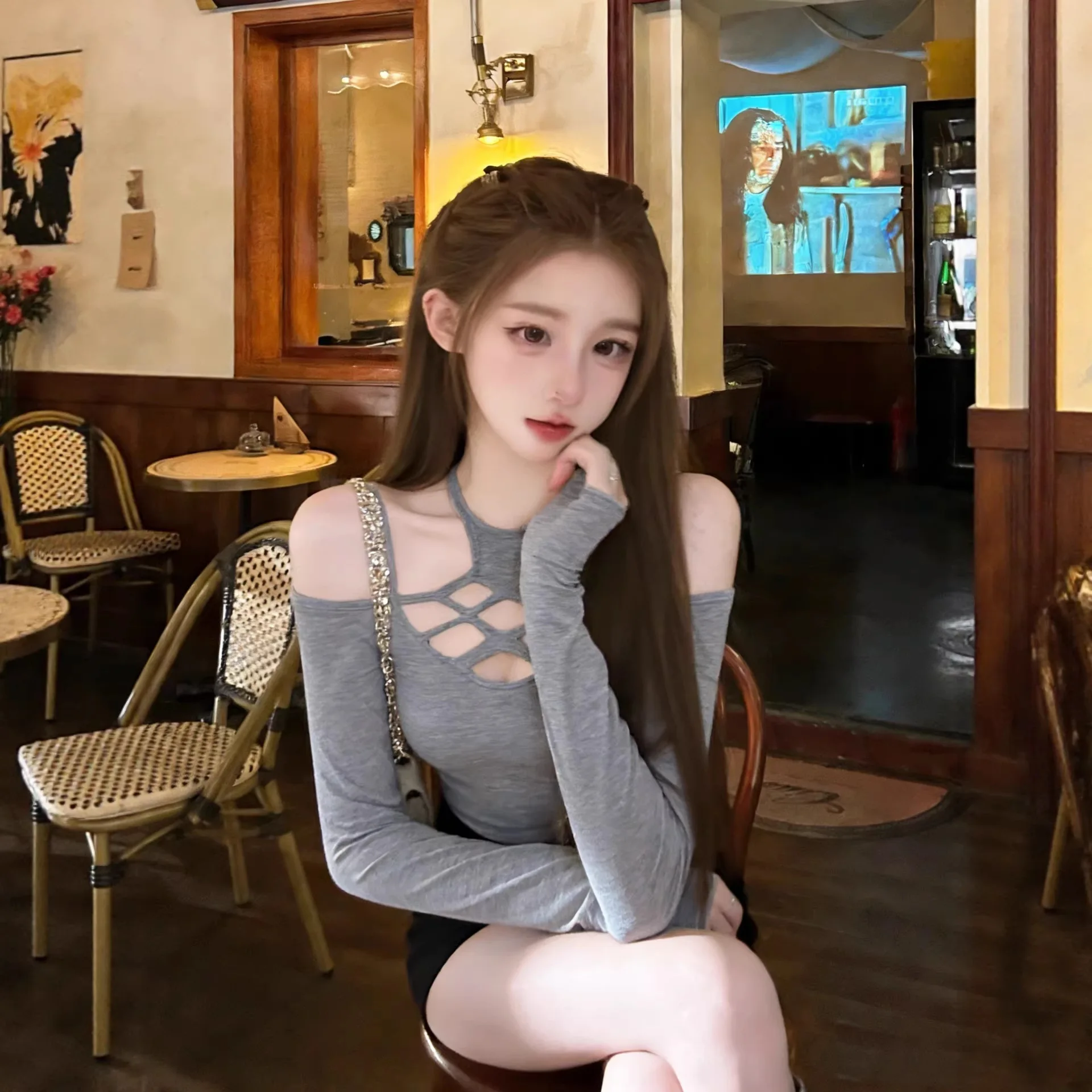 

T Shirts Women Sexy Hollow Out Long Sleeve Halter Fashion Y2k Spring Autumn Slim Solid Tops Ladies Casual Tee Shirt