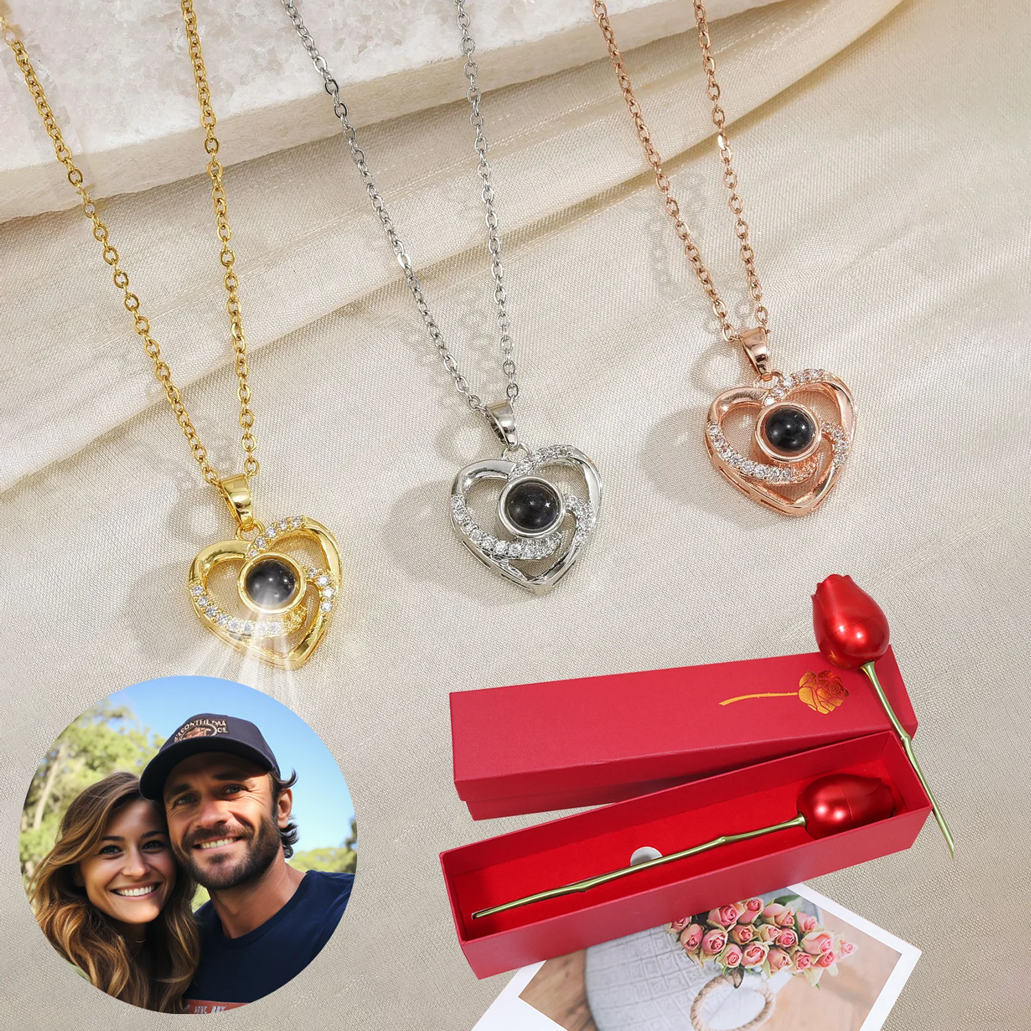 

Проекция фотографий на заказ, нежное ожерелье с подвеской в виде сердца с красным букетом роз, подарочная коробка для женщин, индивидуальный подарок для подруги