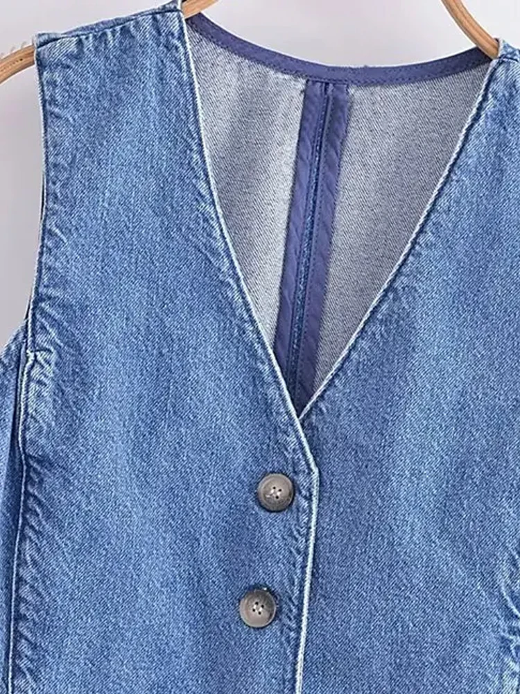TRZA Women Fashion Front Button Denim Waistcoat Vintage V Neck Sleeveless Female Outerwear Chic Vest Tops image 3