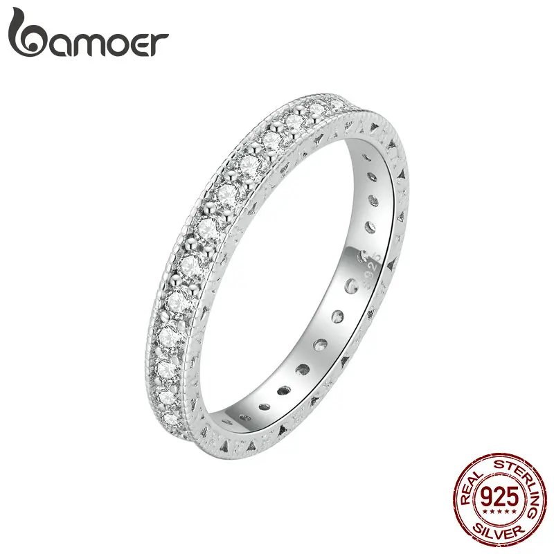 Bamoer 925 Sterling Silver Classic Zircon Engagement Band Promise Bridal Ring Fine Jewelry Gift for Women BSR462